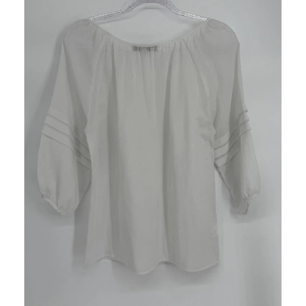 Ann Taylor LOFT White Pintuck Sleeve Peasant Blouse Sz S 3/4 Sleeve Scoop Neck